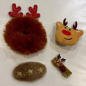 Festive Reindeer Hair Accessories Set Clips Scrunchie for Kids Or Dolls